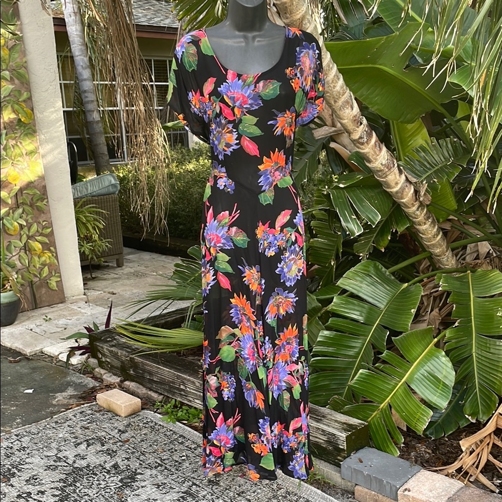 Coldwater Creek sheer dark floral bias, cut tea dress
